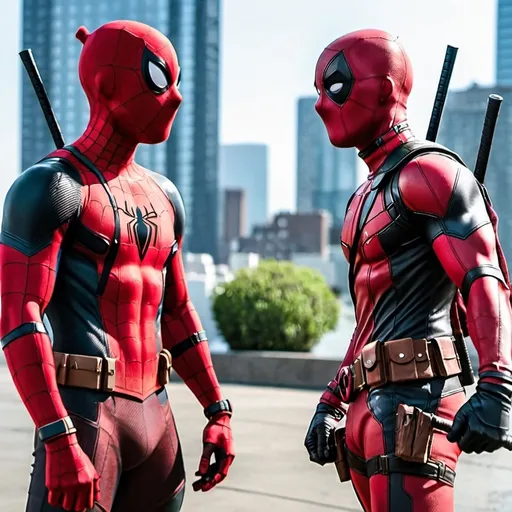 Prompt: spiderman and deadpool standing together 


