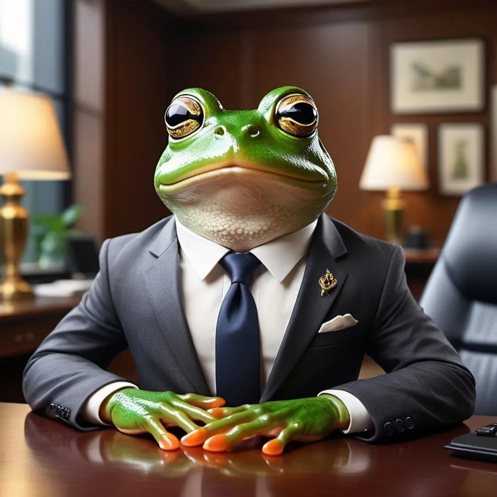 Prompt: describe an image prompt for a sophisticated frog dressed up handsomely with a beautiful business background and a captivating look.

