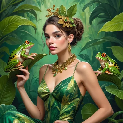 Prompt: hybrid woman and frog dressed in elegant cocktail attire


