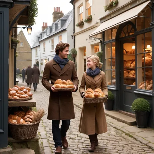 Prompt: Sure! Here are some prompts based on the story:

1. **Eliza’s Discovery**: Eliza strolls through the village square, her attention drawn to the irresistible aroma of freshly baked bread from Finn's bakery. She steps inside, where a warm, inviting atmosphere greets her.

2. **The First Meeting**: Finn, with his cheerful smile and kind eyes, hands Eliza a freshly baked croissant. Their eyes meet, and a spark of connection is felt.

3. **Growing Friendship**: Eliza and Finn share stories and laughter over cups of tea in the bakery, their bond growing stronger with each visit.

4. **The Autumn Surprise**: On a chilly evening, Finn presents Eliza with a basket of pastries, wrapped in a cozy scarf. He reveals that he thinks of her every time he bakes.

5. **Love Blossoms**: Eliza and Finn, now deeply in love, walk through the village, hand in hand, their happiness reflected in the warmth of Finn’s pastries and the glow of Eliza’s books.