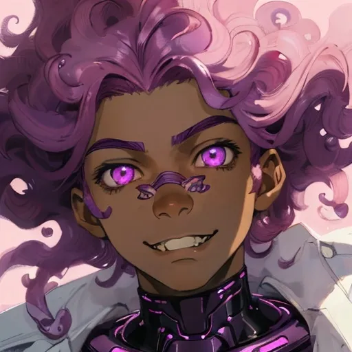 Prompt: A dreamy soft portrait of a brown skinned boy with purple eyes, pink curly hair, and fangs. He’s smirking too. The style is futuristic, with smooth, glossy textures and soft lighting.