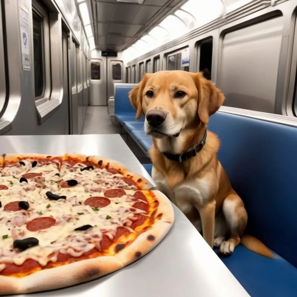 Prompt: un chien en combinaison spaciale qui est dans l'espace en train de suivre une part de pizza