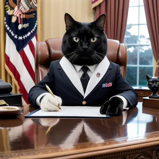 Prompt: gatto nero con muso bianco è il presidente degli stati uniti d'america, firma un documento, bandiera con muso di gatto, studio ovale, fotografia con gatti sulla scrivania