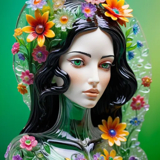 Prompt: A detailed and vibrant transparent glass sculpture of a woman with flowers, intricate details, surreal, colorful background. the woman has green eyes Black hair and a stronger elegant nose