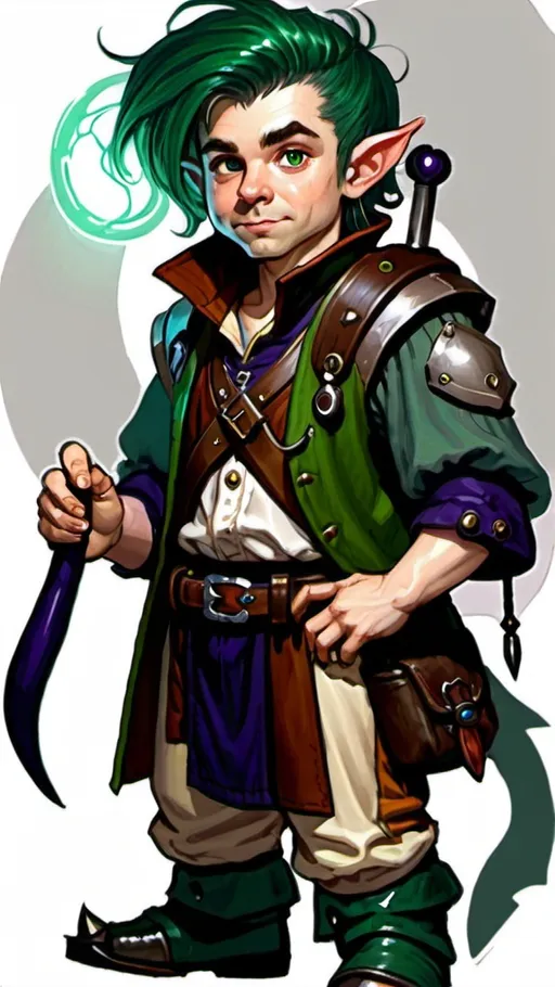 Prompt: dungeons and dragons fantasy art halfling male artificer with dark green hair workshop tinkerer