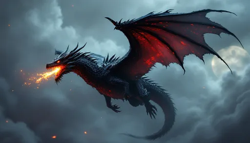 Prompt: Black and red dragon flying through a cloudy, moonlit sky, red in dragon glows like fire, mouth open breathing fire, wings damaged with burnt holes throughout, scaled body
