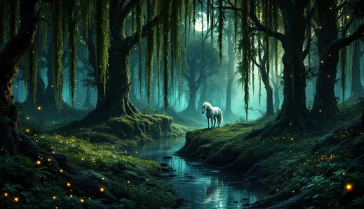 Prompt: Dark mystical forrest with green and black drooping trees, fireflies, a small brook with a unicorn drinking from it, moon peaking through the trees, 3840×2160 sizing