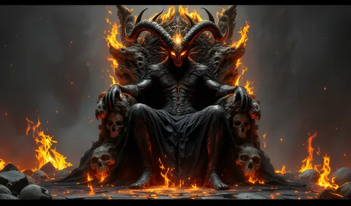 Prompt: Baphomet is sitting on a throne made of skulls and horns. The color palette of this image should be black, grey, red, orange, and gold. The floor is made of embers and fire. Flames can be seen reflecting in Baphomet's eyes.