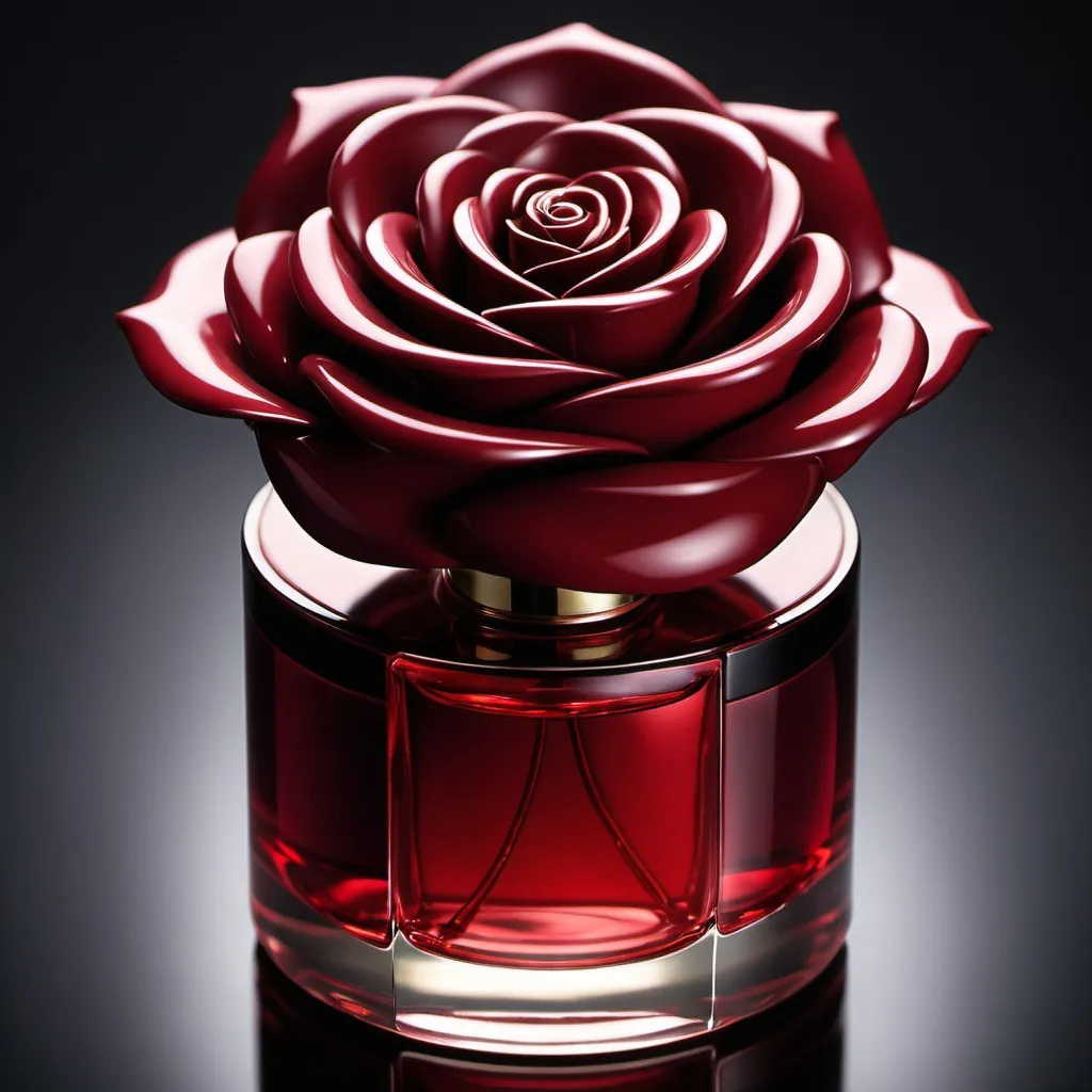 Prompt: A rose shaped perfume dark red color