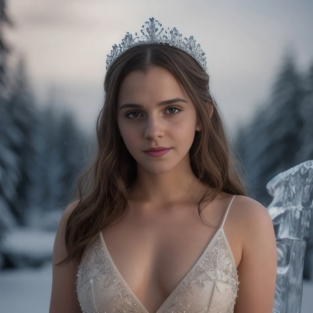 Prompt: celebrity emma watson, white deep low-cut long dress showing bare chest (loose and flowing with glittery sparkles), sitting on a throne made of ice, outdoor setting, snowing, full body in view, RAW photo, high detailed skin:1.5, 8k, uhd, dslr, soft lighting, high quality, photorealistic, natural beauty, serene atmosphere, happy expression, intricate hair detail, cold red cheeks, sparkly crown made of ice,