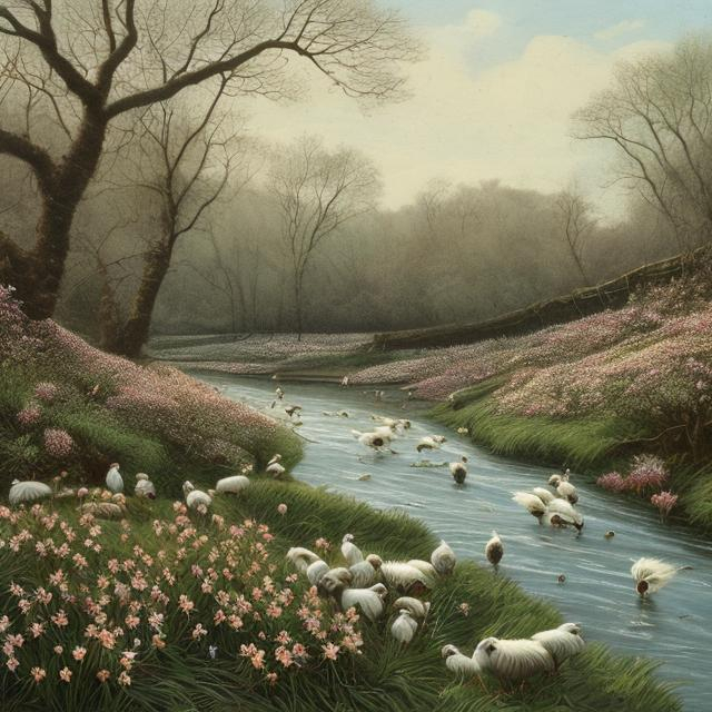 Prompt: "By the sweet river and amidst flowrets, flocks graze where wild in the woodlands the primroses blow."


