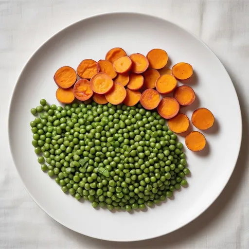 Prompt: Create a plate with a pile of cooked peas on one side and sliced sweet potatoes arranged in a fan shape on the other side. The plate should be placed on a clean white tablecloth with soft lighting coming from above to highlight the textures and colors of the vegetables