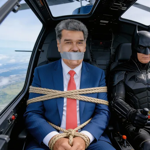 Prompt: remove the black thing near the camera. to show the hands of the man wearing a suit tied by a rope. 