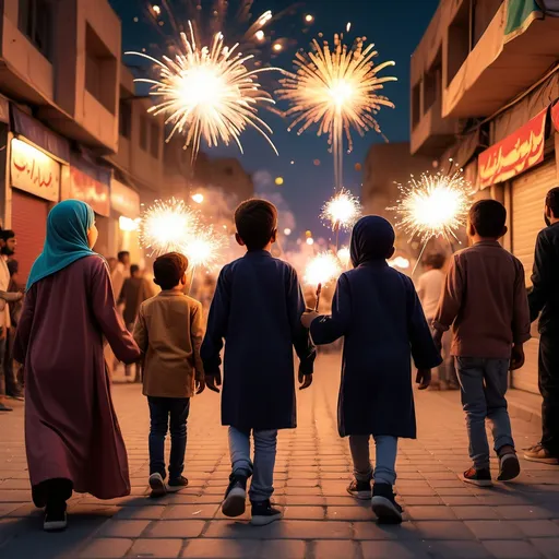 Prompt: 🎇
🎇 "A lively Iranian street festival at night, children playing joyfully with sparklers, a young boy holding a firecracker with excitement, colorful fireworks illuminating the sky, families gathered, women in hijabs smiling, men in traditional and modern Iranian clothing talking, warm glowing streetlights, festive atmosphere, cinematic lighting, ultra HD, highly detailed, realistic reflections."

