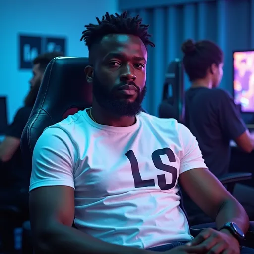 Prompt: A 7 ft black man wearing a white t-shirt with the initials L S  written aside on it, he's sitting on a chair in a blue themed gaming room 

