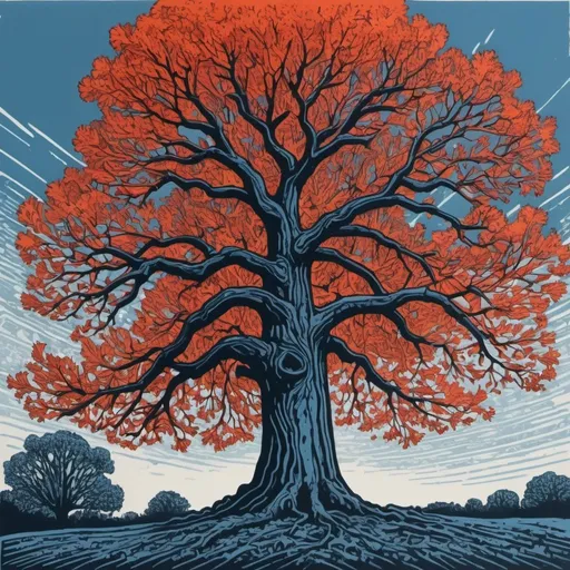 Prompt: A linocut of big Oak tree with orangey red leaves falling off, upward like it’s indistinguishable from representing fire contrast on blueish background 