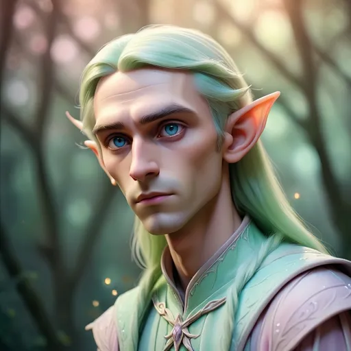 Prompt: Dreamy pastel portrait, tall elf male, ethereal atmosphere, soft focus.