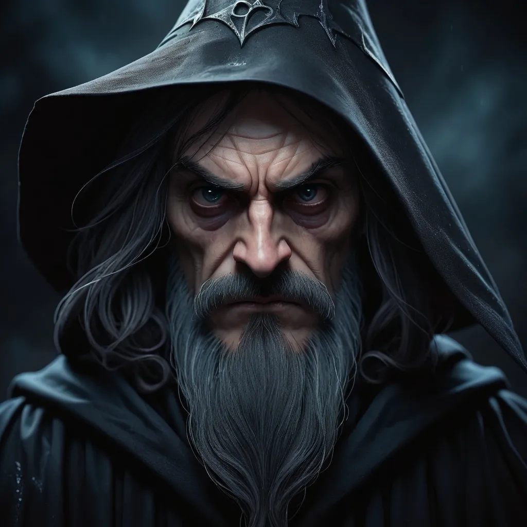 Prompt: Dark-toned moody portrait, dark wizard, gloomy atmosphere.