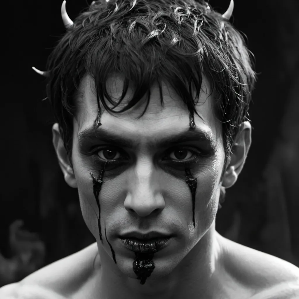 Prompt: Black and white close-up of a male demon with completely black eyes, short hair, high cheekbones, and full lips with a trickle of blood dripping from them.