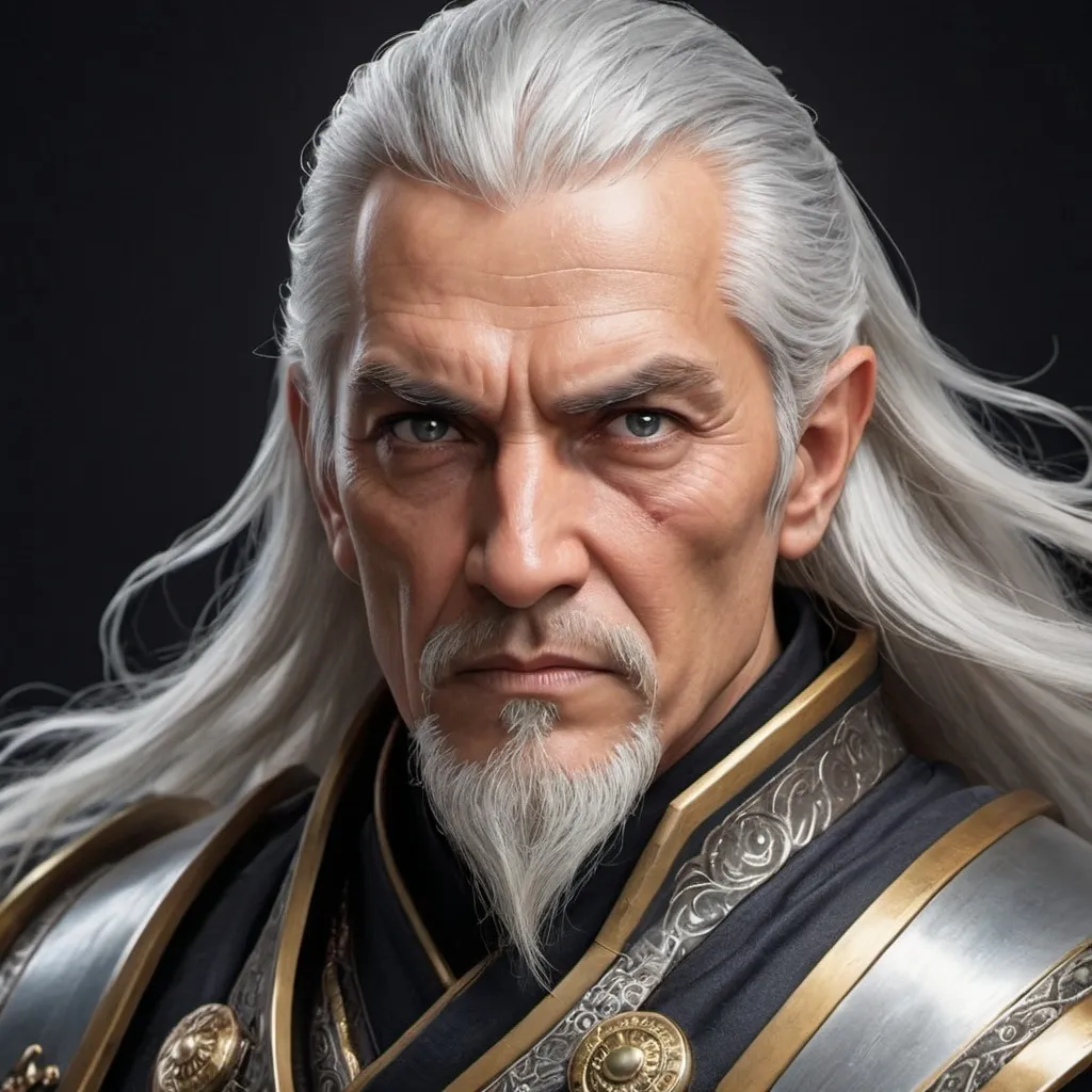 Prompt: In a fantasy style:

The Grand Master is an elder warrior, around 50 to 60 years old, with silver-colored hair.
His hair is typically tied back in a practical manner.
The eyes of a Wind Warrior are often of intense colors, such as steel gray or dark hues.
His gaze is piercing and determined, capable of conveying his vast experience and unwavering commitment in a single glance.
