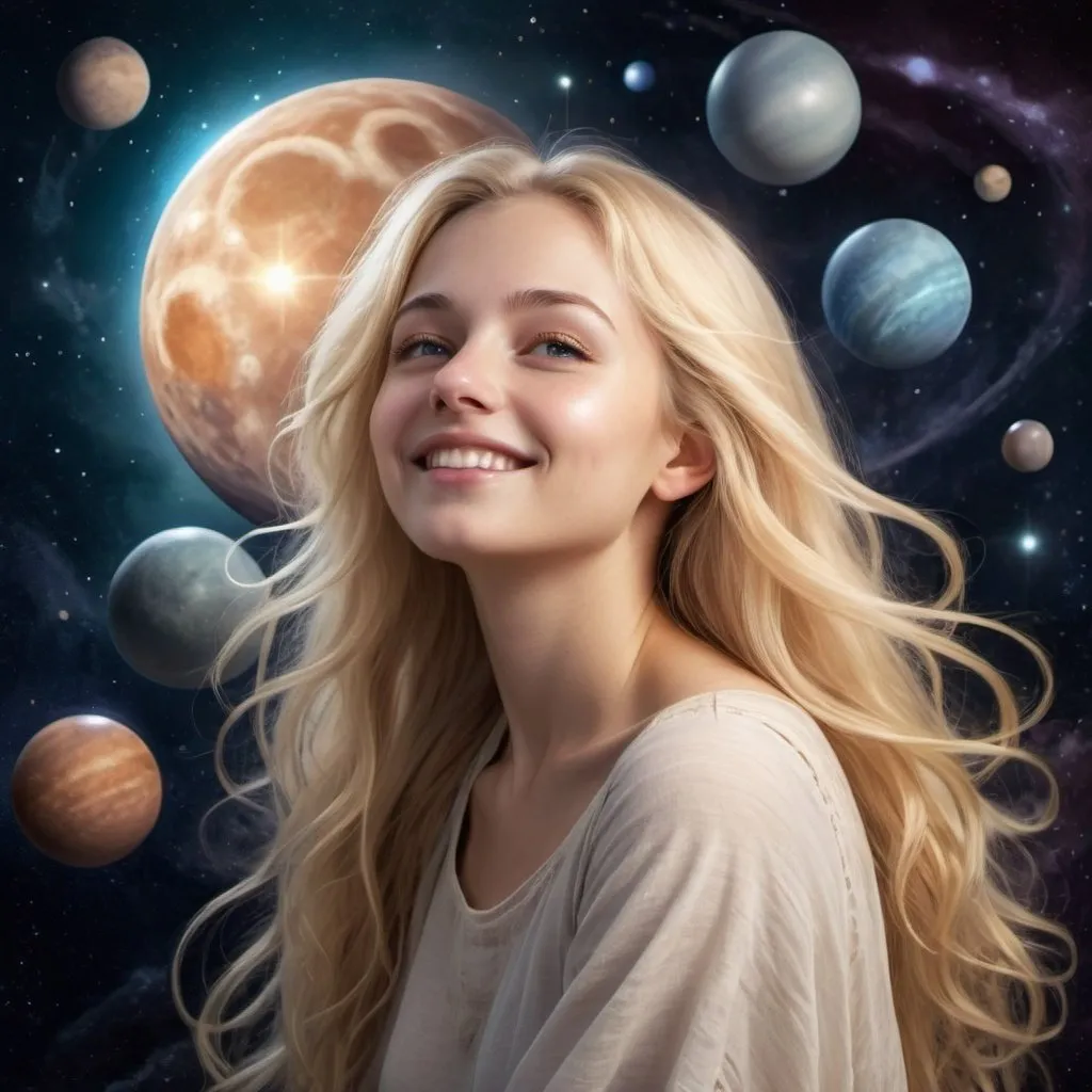 Prompt: Fantasy illustration of a young woman on the moon, serene and friendly, surrounded by distant planets of the Solar system, long blonde hair flowing, relaxed smile, fantasy style, colorful, ethereal lighting, high quality, detailed hair, serene expression, peaceful atmosphere, moonlit, fantasy, distant planets from the Solar system, celestial beauty, serene ambiance, planetary backdrop, enchanting, magical aura