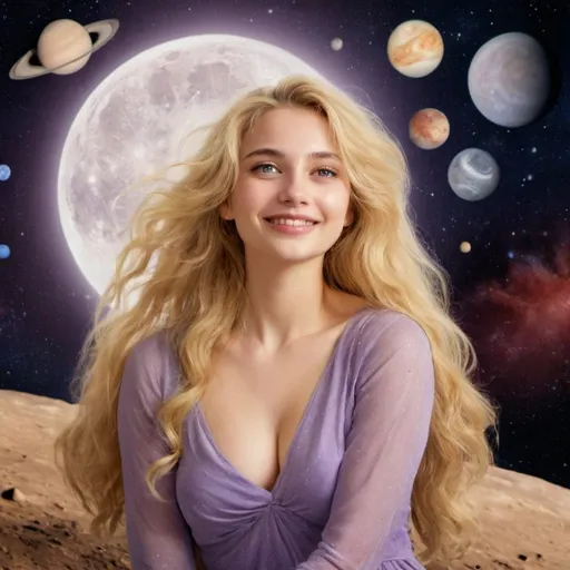 Prompt: A young beautiful yet mysterious woman with long blonde wavy hair sitting on the moon, relaxed and smiling friendly yet mysterious and lovable, eyes with serene type of make up, cateye make up, curvy bogy, lilac dress, surrounded with Venus, Mars, Mercury and other distant planets from the Solar system