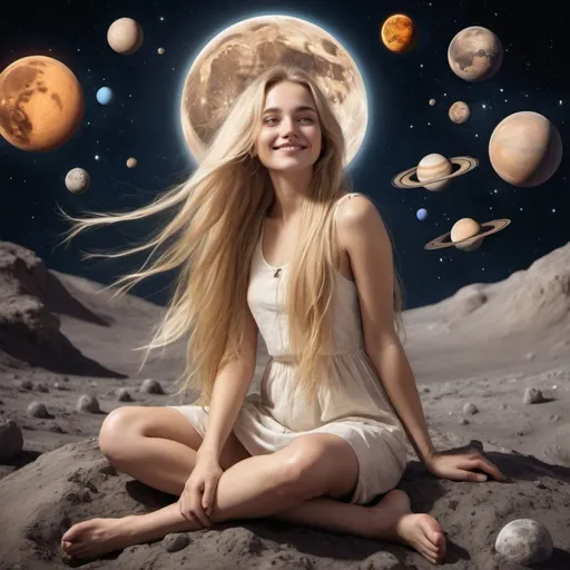 Prompt: A young beautiful woman with long blonde hair sitting on the moon, relaxed and smiling friendly, surrounded with Venus, Mars, Mercury and other distant planets from the Solar system