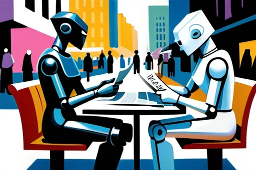 Prompt: An expressionist-style painting of a bustling city square, featuring three humanoid robots with sleek, faceless designs, their heads resembling smooth, reflective masks similar to the character from the game Haydee. Two are distinctly feminine in body shape, while one has a masculine build. One female robot is sitting on a warped bench reading a distorted newspaper, her posture calm and contemplative. The other two robots are standing nearby, engaged in animated gestures of conversation, their movements dynamic and expressive despite their featureless faces. The vibrant cityscape is full of bold, exaggerated brushstrokes, with swirling holographic advertisements, angular, distorted buildings, and dramatic lighting that enhances the scene's emotional intensity