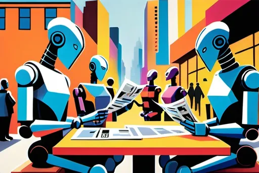 Prompt: An expressionist-style painting of a bustling city square, featuring three humanoid robots with distinct male and female physical features. One robot is sitting on a warped bench reading a distorted newspaper, another is standing nearby, waving in greeting to passersby with a friendly gesture, and a third is carefully stacking boxes with precision in a dynamic, colorful environment. The scene is full of bold, exaggerated brushstrokes, vibrant, contrasting colors, and distorted perspectives. The futuristic cityscape has angular, surreal buildings and swirling holographic advertisements, blending humanlike warmth with mechanical details.