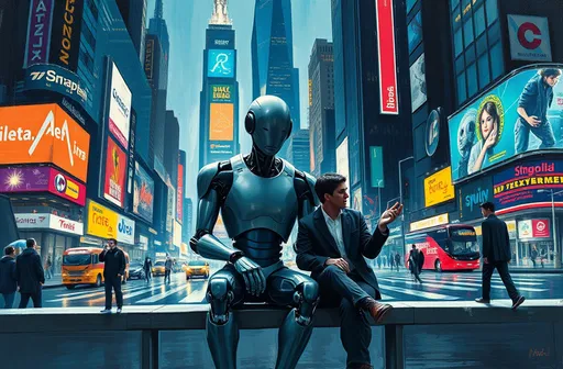 Prompt: A striking depiction of a futuristic city in an expressionist style, with bold, dynamic brushstrokes and vivid, contrasting colors. In the center of the scene, a humanoid robot with a sleek, faceless design sits on a bench next to a human companion. The robot's smooth, metallic body reflects the ambient lights of the city, while the human casually gestures as if in conversation, their interaction appearing natural and friendly. The urban background features distorted skyscrapers, swirling holographic advertisements, and vibrant street activity, blending the futuristic setting with an emotional, artistic intensity.