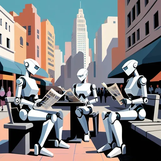 Prompt: An expressionist-style painting of a bustling city square, featuring three humanoid robots with sleek, faceless designs, their heads resembling smooth, reflective masks similar to the character from the game Haydee. Two are distinctly feminine in body shape, while one has a masculine build. One female robot is sitting on a warped bench reading a distorted newspaper, her posture calm and contemplative. The other two robots are standing nearby, engaged in animated gestures of conversation, their movements dynamic and expressive despite their featureless faces. In the background, people are closer to the robots, observing or interacting casually, their forms slightly distorted with bold, exaggerated brushstrokes to match the surreal, vibrant environment. The cityscape is alive with swirling holographic advertisements, angular buildings, and dramatic, colorful lighting that enhances the scene's emotional intensity.