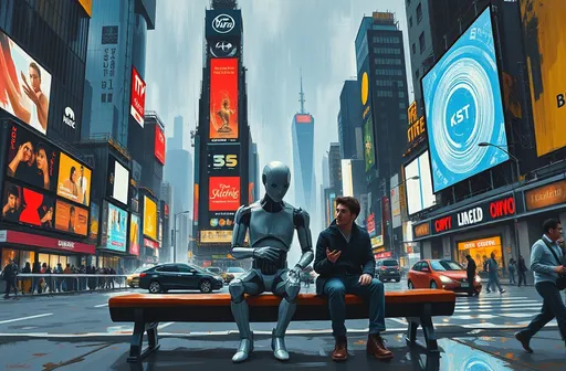 Prompt: A striking depiction of a futuristic city in an expressionist style, with bold, dynamic brushstrokes and vivid, contrasting colors. In the center of the scene, a humanoid robot with a sleek, faceless design sits on a bench next to a human companion. The robot's smooth, metallic body reflects the ambient lights of the city, while the human casually gestures as if in conversation, their interaction appearing natural and friendly. The urban background features distorted skyscrapers, swirling holographic advertisements, and vibrant street activity, blending the futuristic setting with an emotional, artistic intensity.
