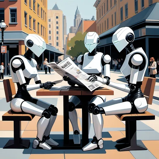 Prompt: An expressionist-style painting of a bustling city square, featuring three humanoid robots with sleek, faceless designs, their heads resembling smooth, reflective masks similar to the character from the game Haydee. Two are distinctly feminine in body shape, while one has a masculine build. One female robot is sitting on a warped bench reading a distorted newspaper, her posture calm and contemplative. The other two robots are standing nearby, engaged in animated gestures of conversation, their movements dynamic and expressive despite their featureless faces. In the background, people are closer to the robots, observing or interacting casually, their forms slightly distorted with bold, exaggerated brushstrokes to match the surreal, vibrant environment. The cityscape is alive with swirling holographic advertisements, angular buildings, and dramatic, colorful lighting that enhances the scene's emotional intensity.