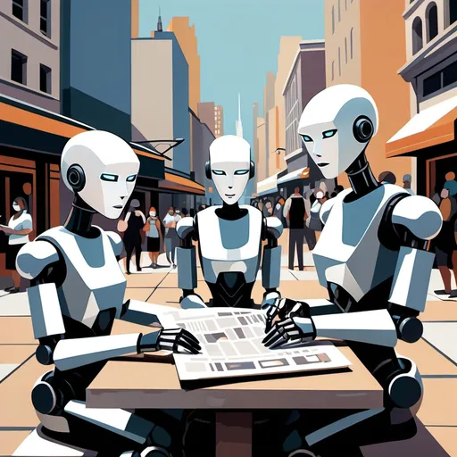 Prompt: An expressionist-style painting of a bustling city square, featuring three humanoid robots with sleek, faceless designs, their heads resembling smooth, reflective masks similar to the character from the game Haydee. Two are distinctly feminine in body shape, while one has a masculine build. One female robot is sitting on a warped bench reading a distorted newspaper, her posture calm and contemplative. The other two robots are standing nearby, engaged in animated gestures of conversation, their movements dynamic and expressive despite their featureless faces. In the background, people are closer to the robots, observing or interacting casually, their forms slightly distorted with bold, exaggerated brushstrokes to match the surreal, vibrant environment. The cityscape is alive with swirling holographic advertisements, angular buildings, and dramatic, colorful lighting that enhances the scene's emotional intensity.