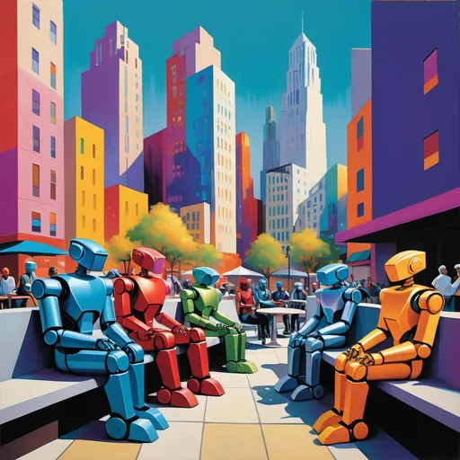 Prompt: A vibrant cityscape depicted in an expressionist style, with bold, exaggerated brushstrokes and vivid colors. In the middle of the urban plaza, a group of sleek, humanoid robots with smooth, faceless designs are sitting together on a large bench, their metallic bodies reflecting the ambient light. Nearby, two humans stand casually, one holding a coffee cup and the other checking their phone, acting naturally as if the presence of robots is entirely ordinary. The background is filled with towering, distorted buildings and swirling holographic advertisements, blending the futuristic environment with expressive artistic distortion.