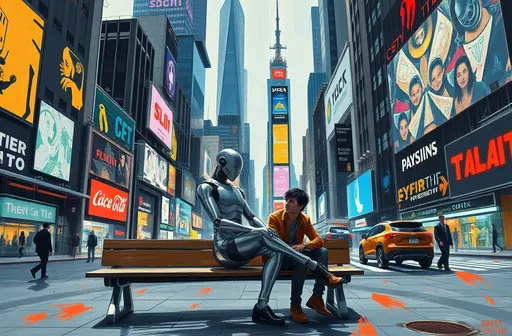 Prompt: A striking depiction of a futuristic city in an expressionist style, with bold, dynamic brushstrokes and vivid, contrasting colors. In the center of the scene, a humanoid robot with a sleek, faceless design sits on a bench next to a human companion. The robot's smooth, metallic body reflects the ambient lights of the city, while the human casually gestures as if in conversation, their interaction appearing natural and friendly. The urban background features distorted skyscrapers, swirling holographic advertisements, and vibrant street activity, blending the futuristic setting with an emotional, artistic intensity.