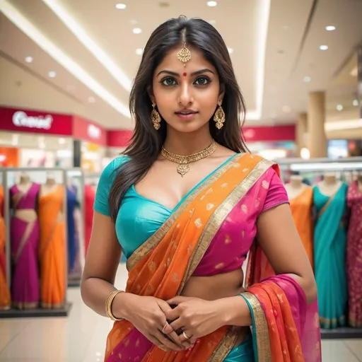 Prompt: Hot Hindu woman in vibrant saree, modern shopping mall scene, rich and flowing fabric, vibrant, cleavage, big brest, detailed fabric, highres, modern, colorful, detailed eyes, professional, atmospheric lighting, luxurious setting, stylish, high-quality, elegant