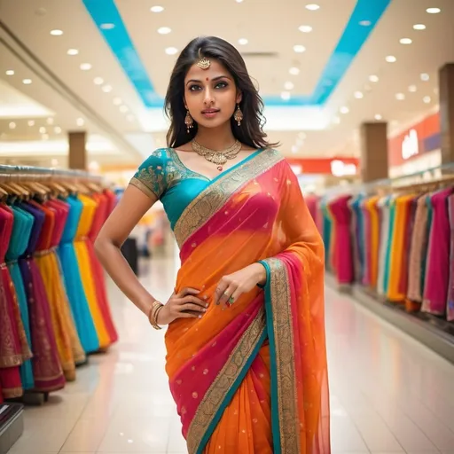 Prompt: Hot Hindu woman in vibrant saree, modern shopping mall scene, rich and flowing fabric, vibrant, cleavage, big brest, detailed fabric, highres, modern, colorful, detailed eyes, professional, atmospheric lighting, luxurious setting, stylish, high-quality, elegant