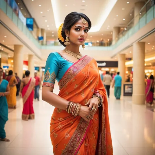 Prompt: Hot Hindu woman in vibrant saree, modern shopping mall scene, rich and detailed fabric texture, elegant draping, bright and vivid colors, high quality, realistic, contemporary, luxurious lighting, bustling atmosphere, traditional attire, graceful stance, opulent, cultural diversity, detailed facial features, warm tones, bustling shopping mall, intricate patterns, flowing fabric, vibrant, detailed eyes, professional, atmospheric lighting