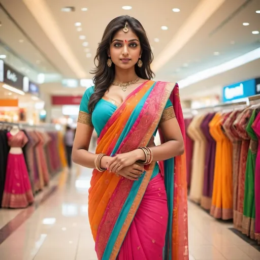 Prompt: Hot Hindu woman in vibrant saree, modern shopping mall scene, rich and flowing fabric, vibrant, cleavage, big brest, detailed fabric, highres, modern, colorful, detailed eyes, professional, atmospheric lighting, luxurious setting, stylish, high-quality, elegant