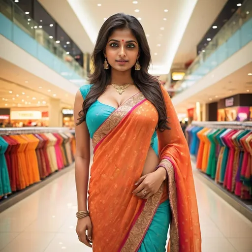 Prompt: Hot Hindu woman in vibrant saree, modern shopping mall scene, rich and flowing fabric, vibrant, cleavage, big brest, detailed fabric, highres, modern, colorful, detailed eyes, professional, atmospheric lighting, luxurious setting, stylish, high-quality, elegant