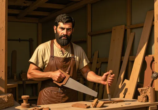 Prompt: @JZbi05G3meO9754DvX7J is Sawing wood in his carpentry shop during the Achaemenid period