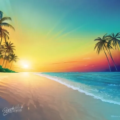 Prompt: Beach landscape with a road and a car, oil painting, clear blue sky, sandy beaches, crystal clear water, lush palm trees, vibrant sunset, high quality, realistic, oil painting, sunny, peaceful, coastal vibes, serene atmosphere
