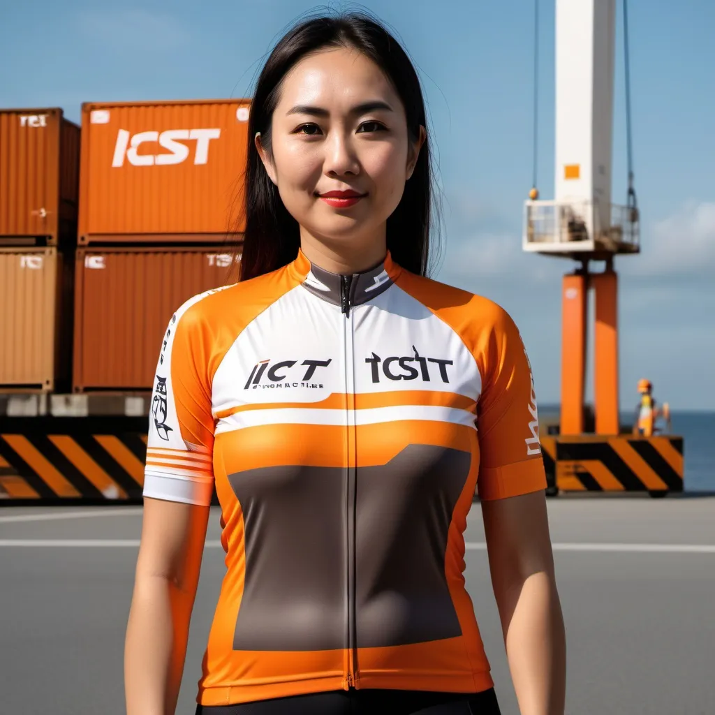 Prompt: A woman wearing a cycling jersey that has Ship-To-Shore crane design that is color orange and with name ICTSI