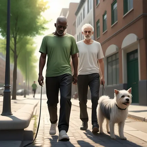 Prompt: (beautiful scene of a blind man walking), visually impaired man, (green shirt), (black trousers), loyal white dog, urban street setting, soft sunlight bathing the scene, warm and uplifting atmosphere, rich texture details, gentle expressions, 4K ultra-detailed, realistic textures, intimacy between man and dog, city backdrop with buildings and trees, creating a sense of community and connection.