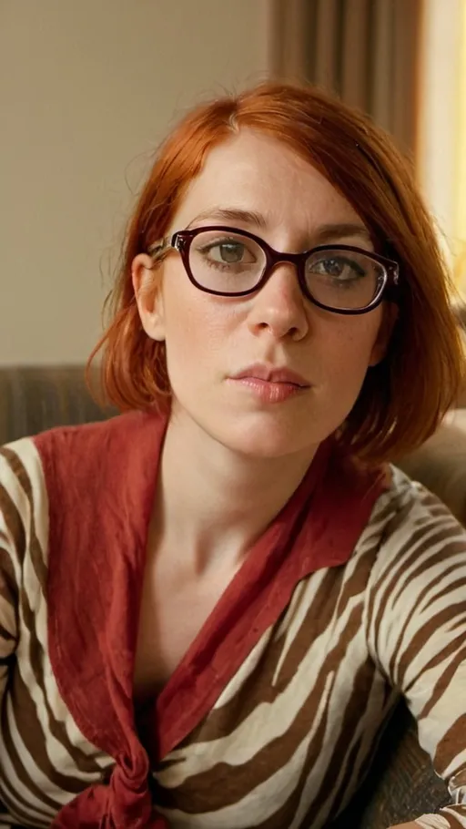 Prompt: (art nouveau), woman with (red hair) and (glasses), sitting on a comfy (couch), wearing a striking (zebra print shirt), gazing directly at the camera, soft and warm (lighting), cozy yet sophisticated ambiance, shallow depth of field (f/3.2), vivid yet muted color tones, ultra-detailed, captivating composition, reminiscent of (Cassandra Austen) style.