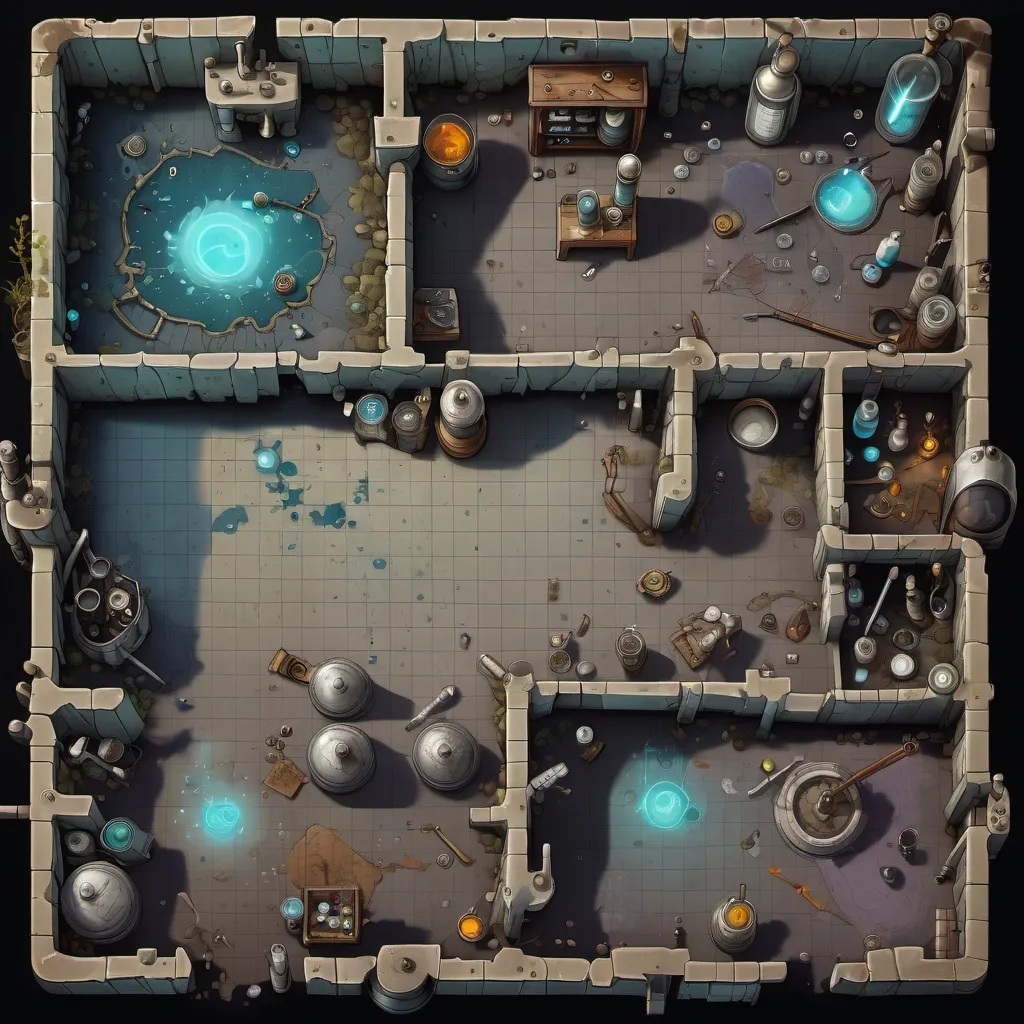 Prompt: A top-down map of a laboratory, abandoned machines and potions scattered throughout the lab, 2d dnd battlemap, highly details, 8k