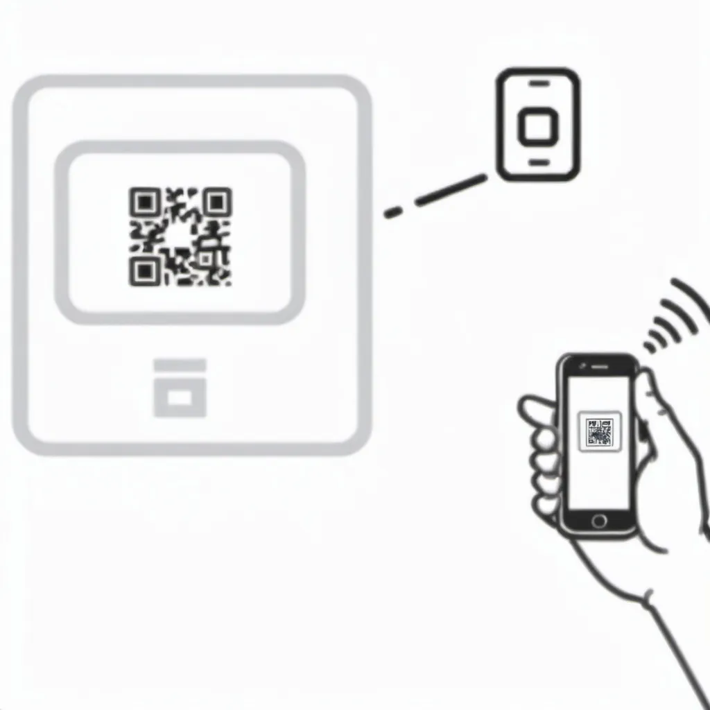 Prompt: Create a white board dry erase drawing of a hand holding a phone while scanning a QR code.