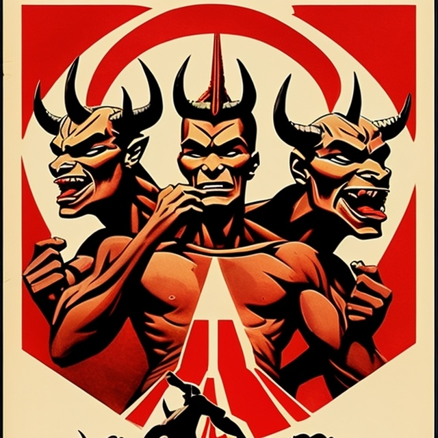 Prompt: three headed devil that two of them are on his shoulder as propaganda poster