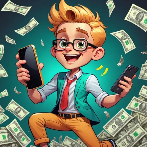 Prompt: a cartoon rich boy man making money using his phone youtube thumbnail style size 1280 × 720